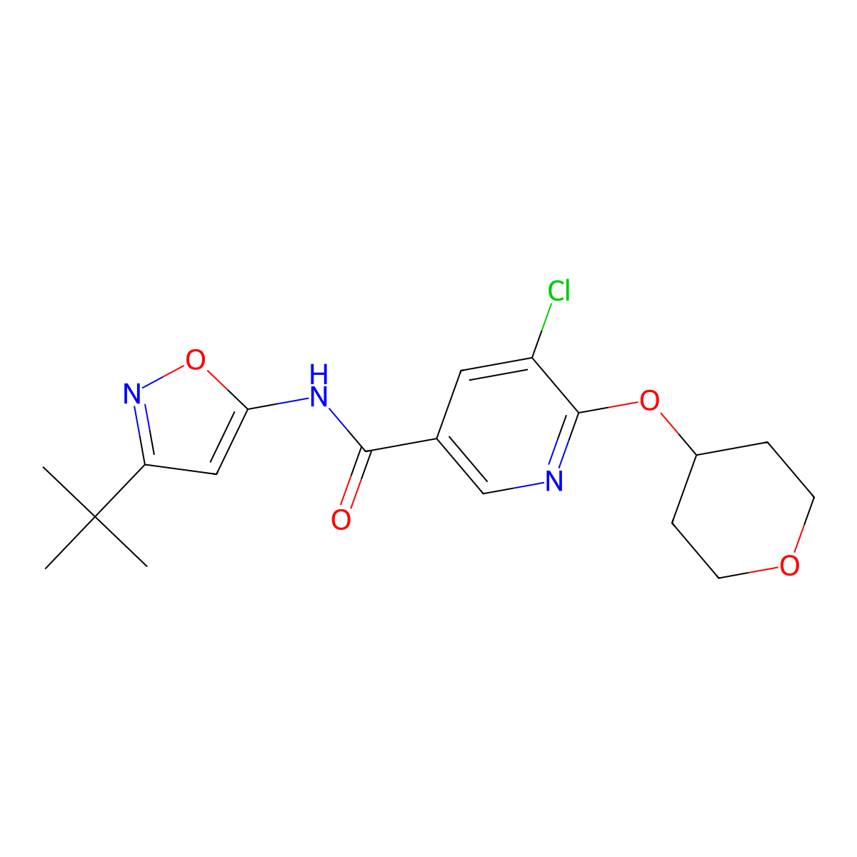 N-(3-(tert-butyl)isoxazol-5-yl)-5-chloro-6-((tetrahydro-2H-pyran-4-yl)oxy)nicotinamide molecular structure, CAS 1903026-65-2