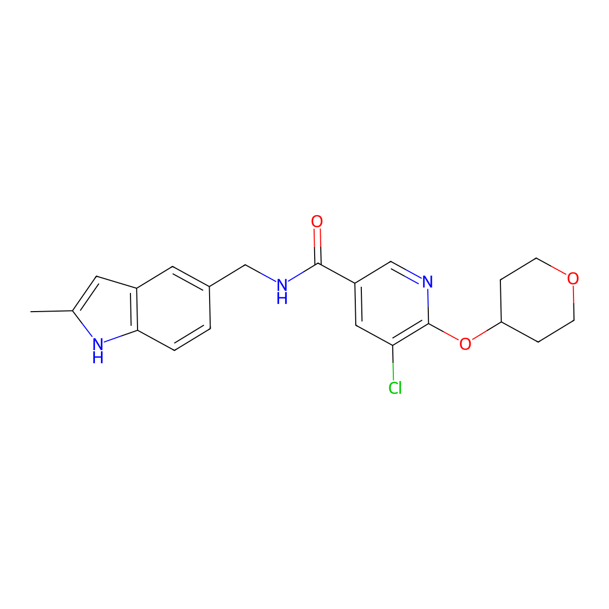 5-chloro-N-[(2-methyl-1H-indol-5-yl)methyl]-6-(oxan-4-yloxy)pyridine-3-carboxamide molecular structure, CAS 1903028-18-1