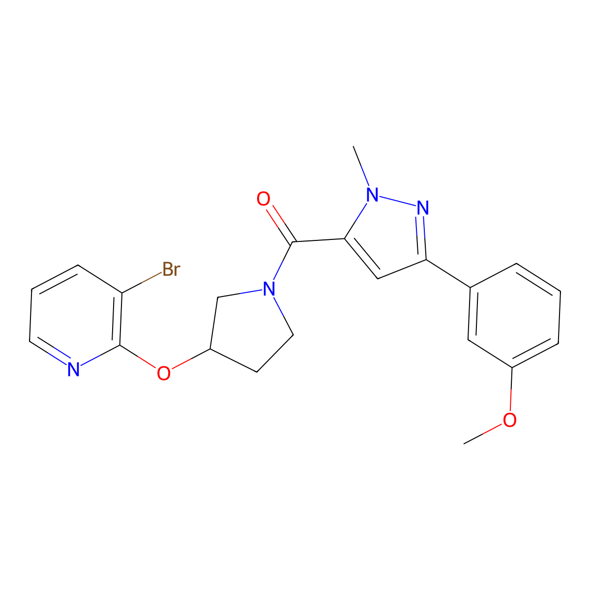 (3-((3-bromopyridin-2-yl)oxy)pyrrolidin-1-yl)(3-(3-methoxyphenyl)-1-methyl-1H-pyrazol-5-yl)methanone molecular structure, CAS 1903038-62-9