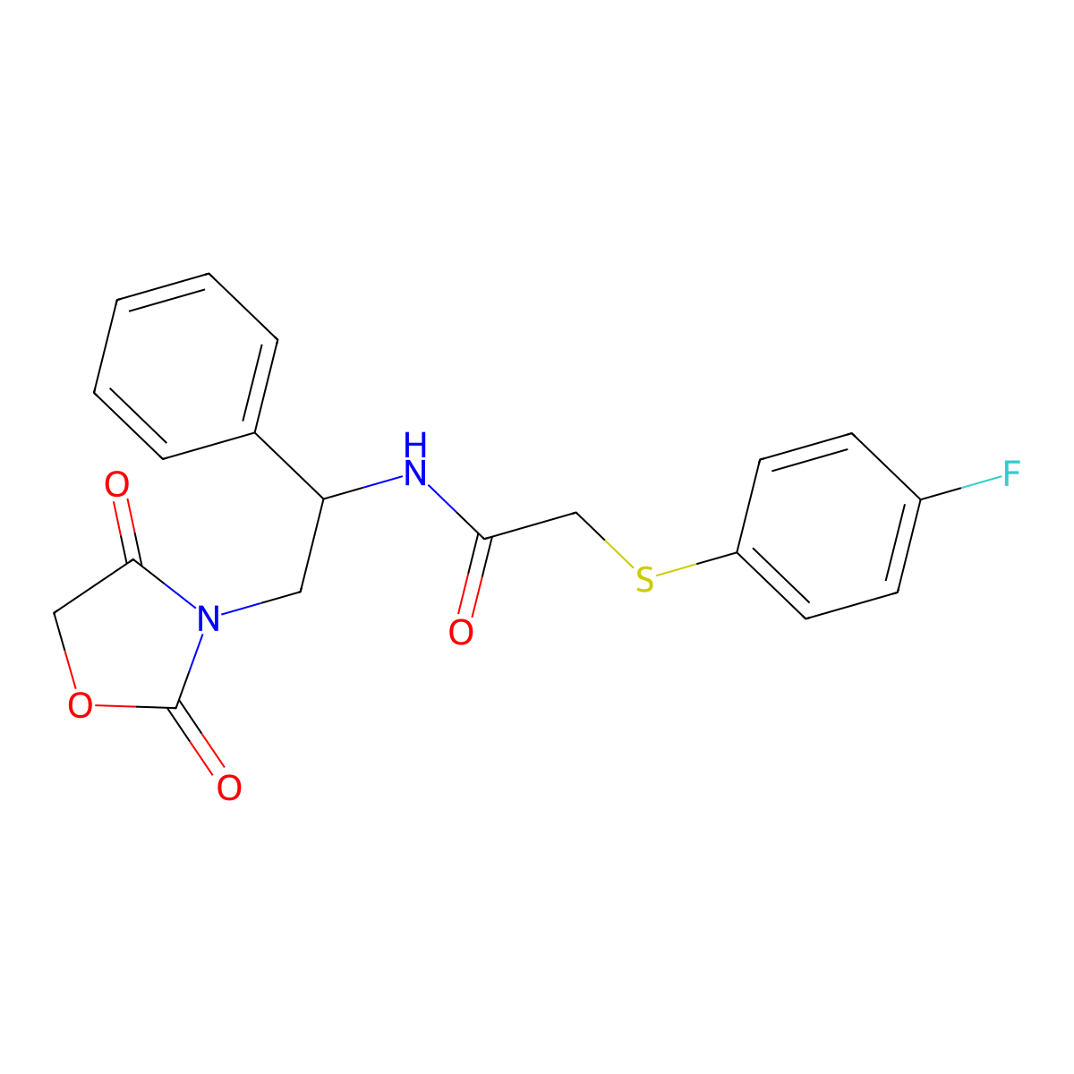 N-(2-(2,4-dioxooxazolidin-3-yl)-1-phenylethyl)-2-((4-fluorophenyl)thio)acetamide molecular structure, CAS 1903068-15-4