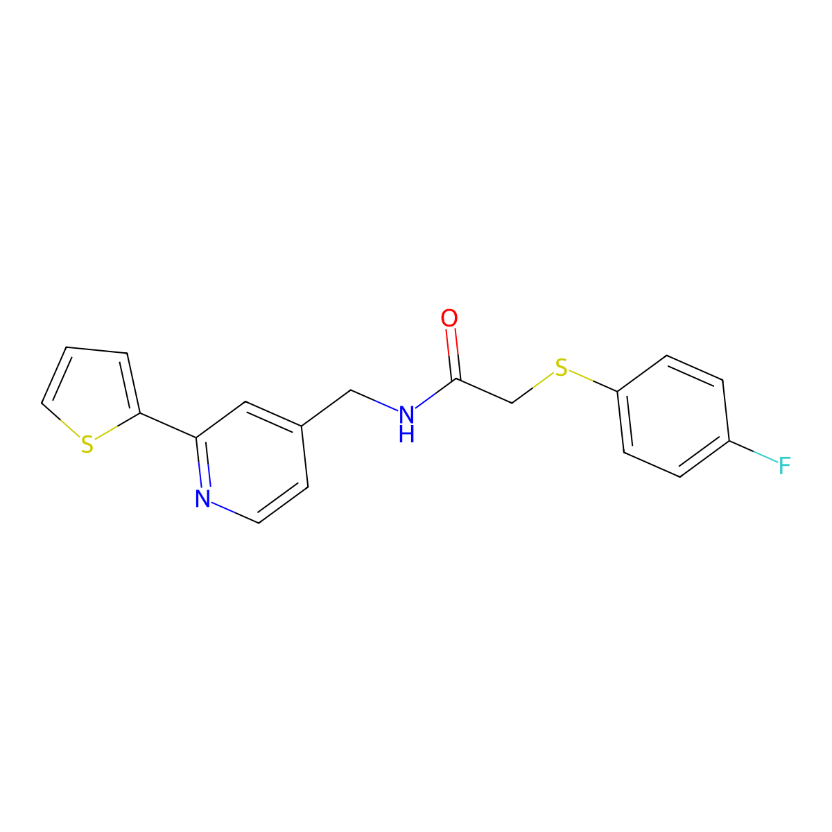 2-((4-fluorophenyl)thio)-N-((2-(thiophen-2-yl)pyridin-4-yl)methyl)acetamide molecular structure, CAS 1903079-17-3
