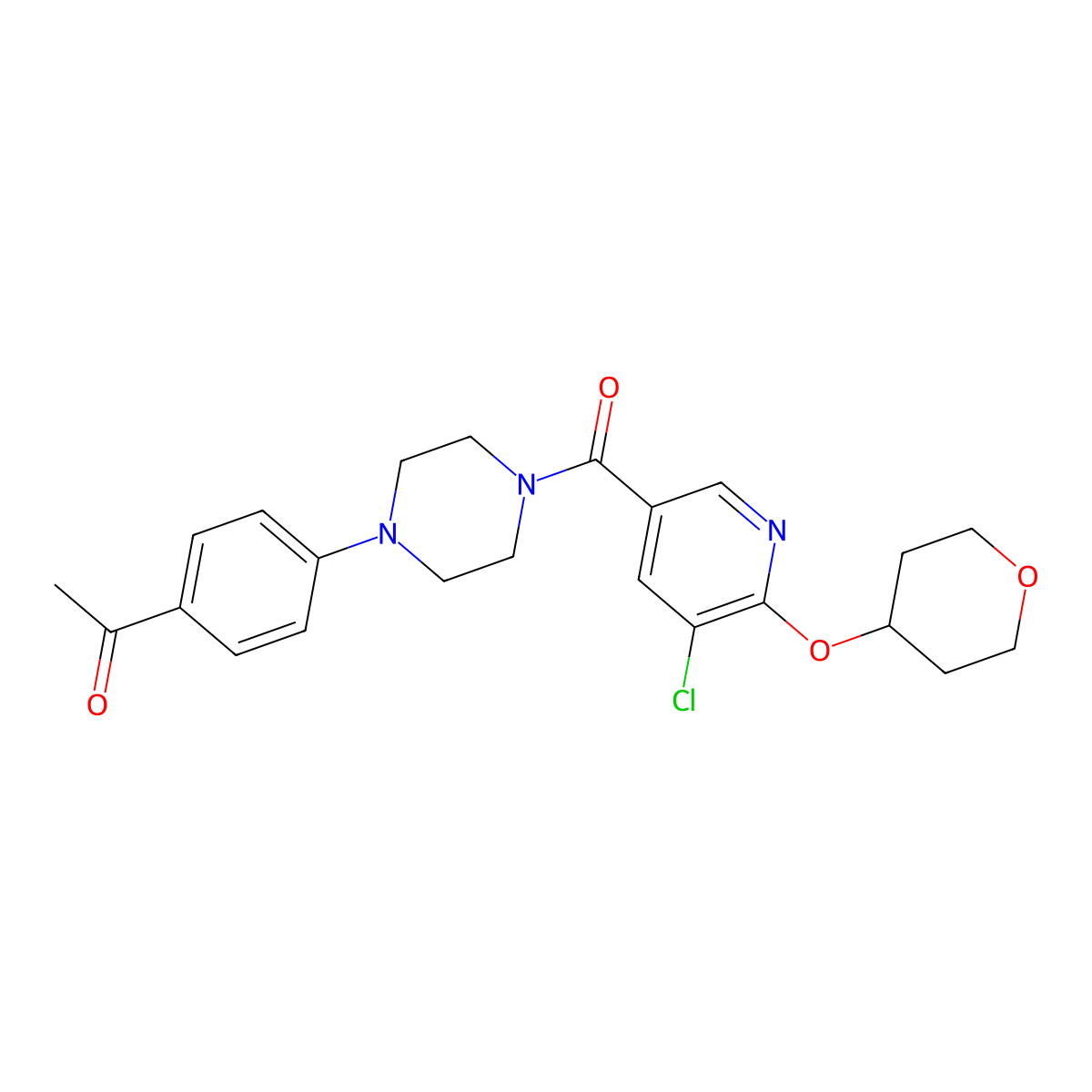 1-(4-(4-(5-chloro-6-((tetrahydro-2H-pyran-4-yl)oxy)nicotinoyl)piperazin-1-yl)phenyl)ethanone molecular structure, CAS 1903085-25-5