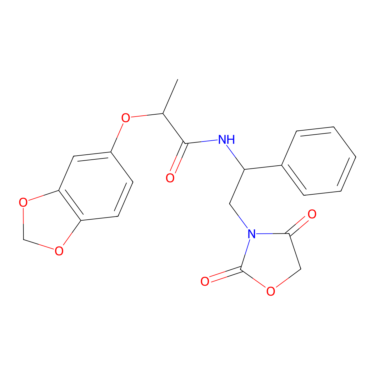 2-(benzo[d][1,3]dioxol-5-yloxy)-N-(2-(2,4-dioxooxazolidin-3-yl)-1-phenylethyl)propanamide molecular structure, CAS 1903086-41-8