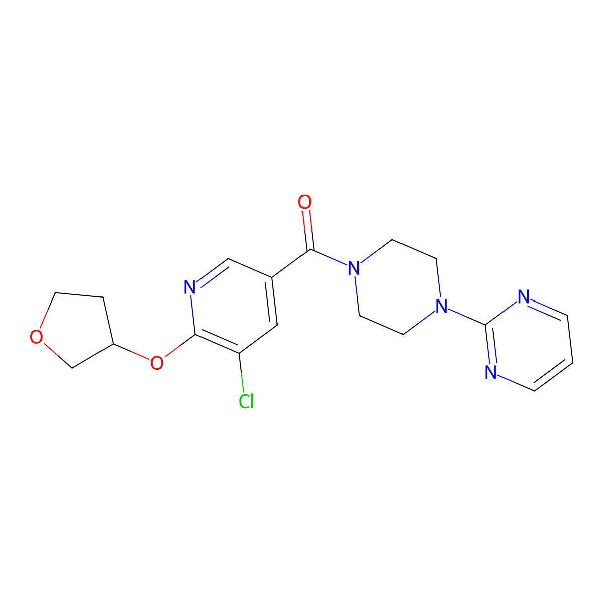 (5-Chloro-6-((tetrahydrofuran-3-yl)oxy)pyridin-3-yl)(4-(pyrimidin-2-yl)piperazin-1-yl)methanone molecular structure, CAS 1903086-79-2