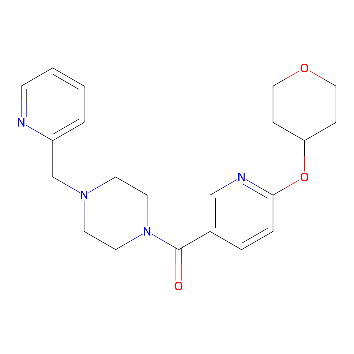 (4-(pyridin-2-ylmethyl)piperazin-1-yl)(6-((tetrahydro-2H-pyran-4-yl)oxy)pyridin-3-yl)methanone molecular structure, CAS 1903087-94-4