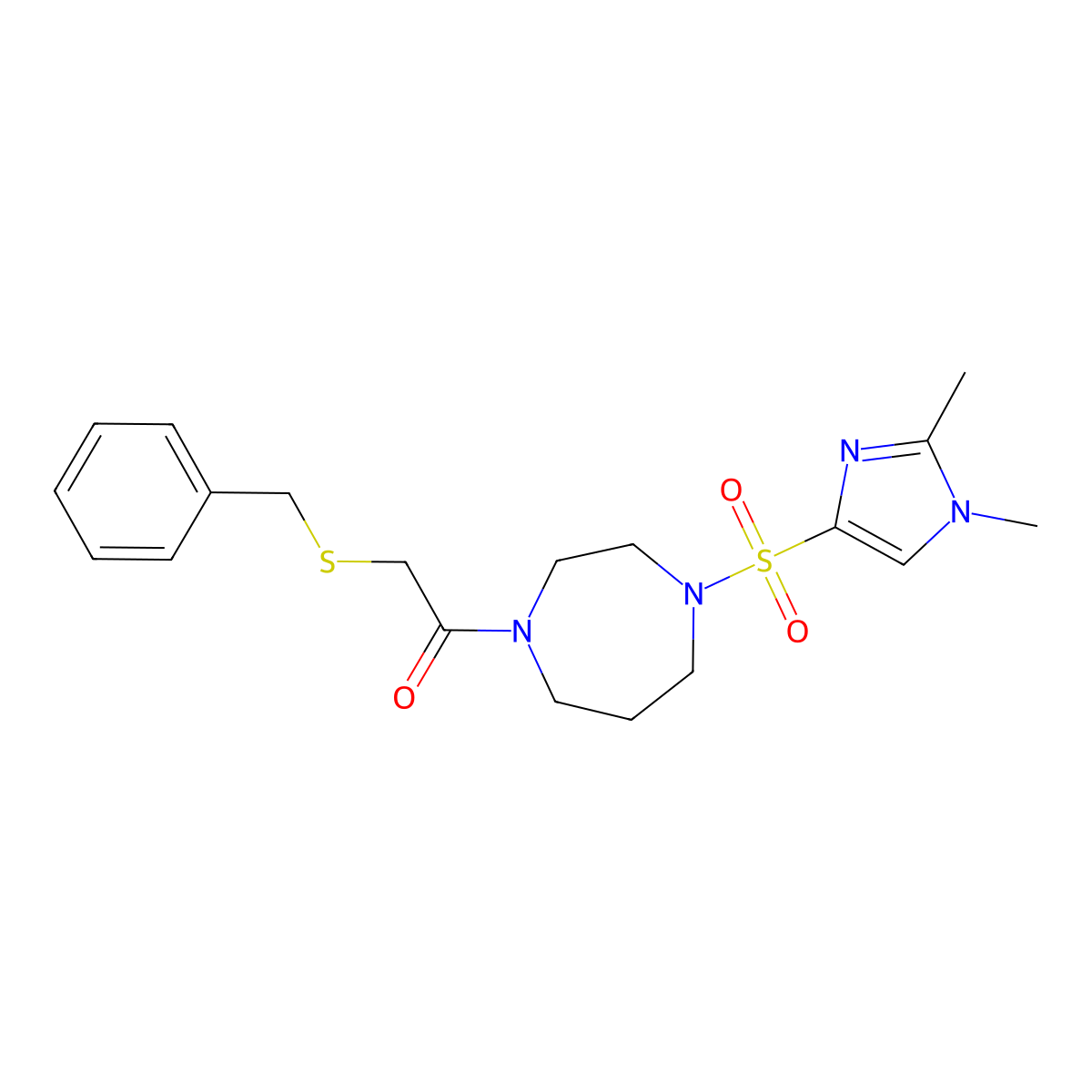 2-(benzylthio)-1-(4-((1,2-dimethyl-1H-imidazol-4-yl)sulfonyl)-1,4-diazepan-1-yl)ethanone molecular structure, CAS 1903092-02-3