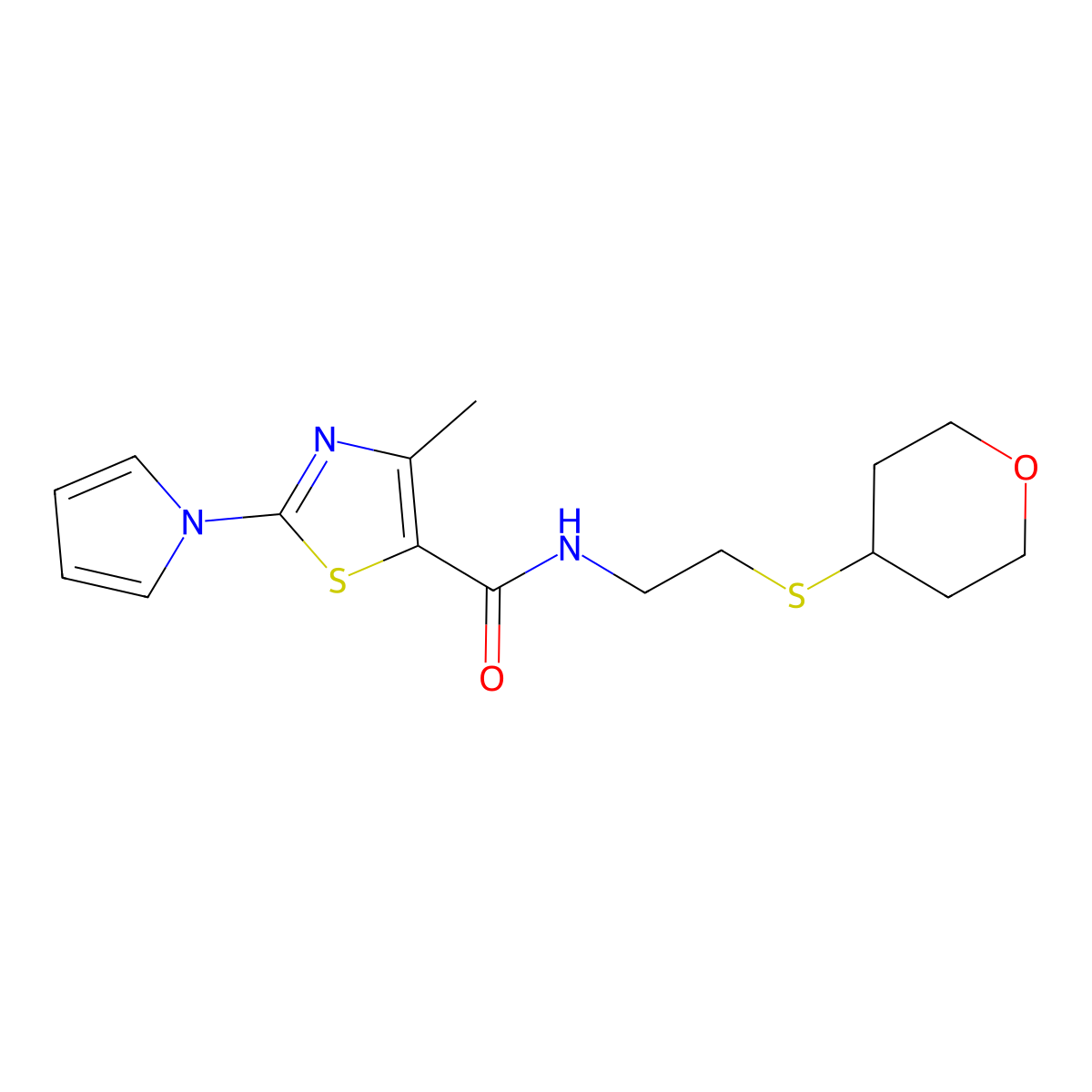 4-methyl-2-(1H-pyrrol-1-yl)-N-(2-((tetrahydro-2H-pyran-4-yl)thio)ethyl)thiazole-5-carboxamide molecular structure, CAS 1903122-40-6