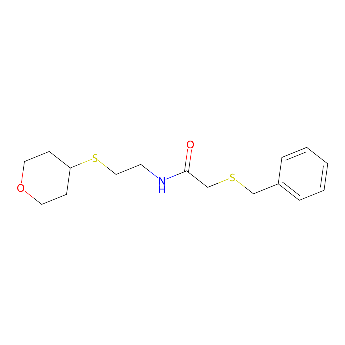 2-(benzylsulfanyl)-N-[2-(oxan-4-ylsulfanyl)ethyl]acetamide molecular structure, CAS 1903126-43-1