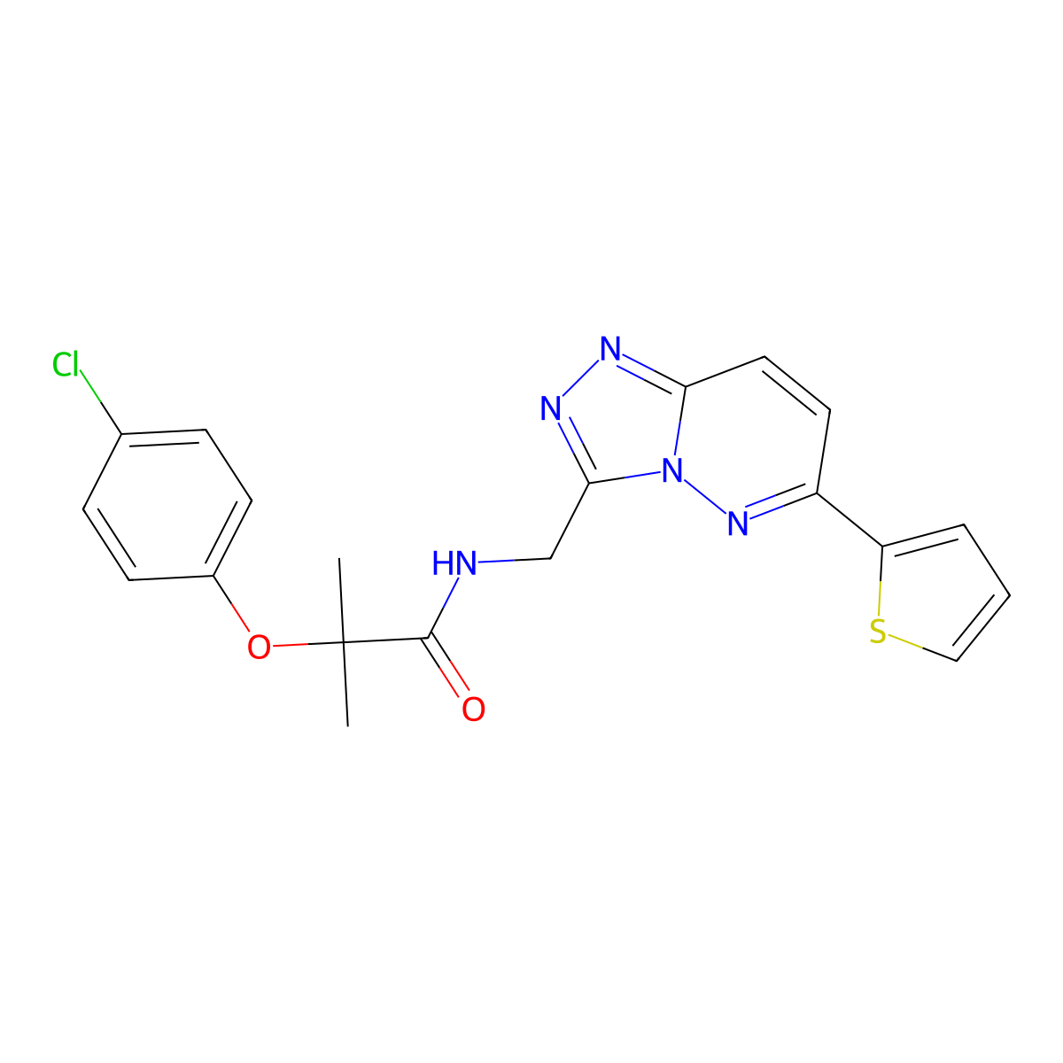2-(4-chlorophenoxy)-2-methyl-N-((6-(thiophen-2-yl)-[1,2,4]triazolo[4,3-b]pyridazin-3-yl)methyl)propanamide molecular structure, CAS 1903156-60-4