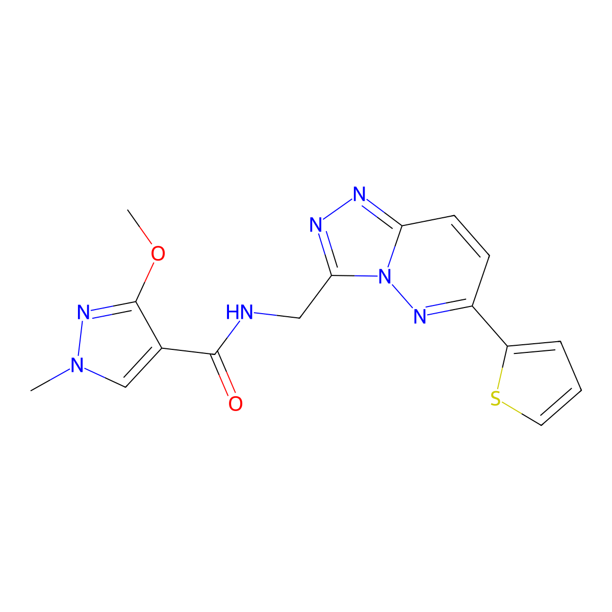 3-methoxy-1-methyl-N-((6-(thiophen-2-yl)-[1,2,4]triazolo[4,3-b]pyridazin-3-yl)methyl)-1H-pyrazole-4-carboxamide molecular structure, CAS 1903158-93-9