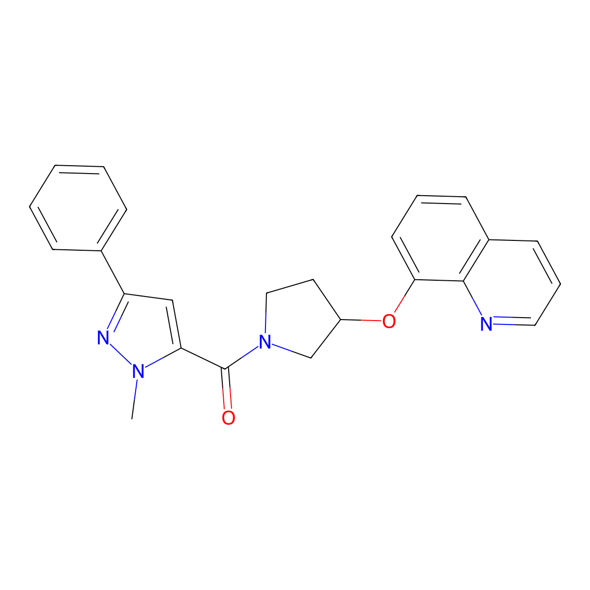 (1-methyl-3-phenyl-1H-pyrazol-5-yl)(3-(quinolin-8-yloxy)pyrrolidin-1-yl)methanone molecular structure, CAS 1903160-52-0