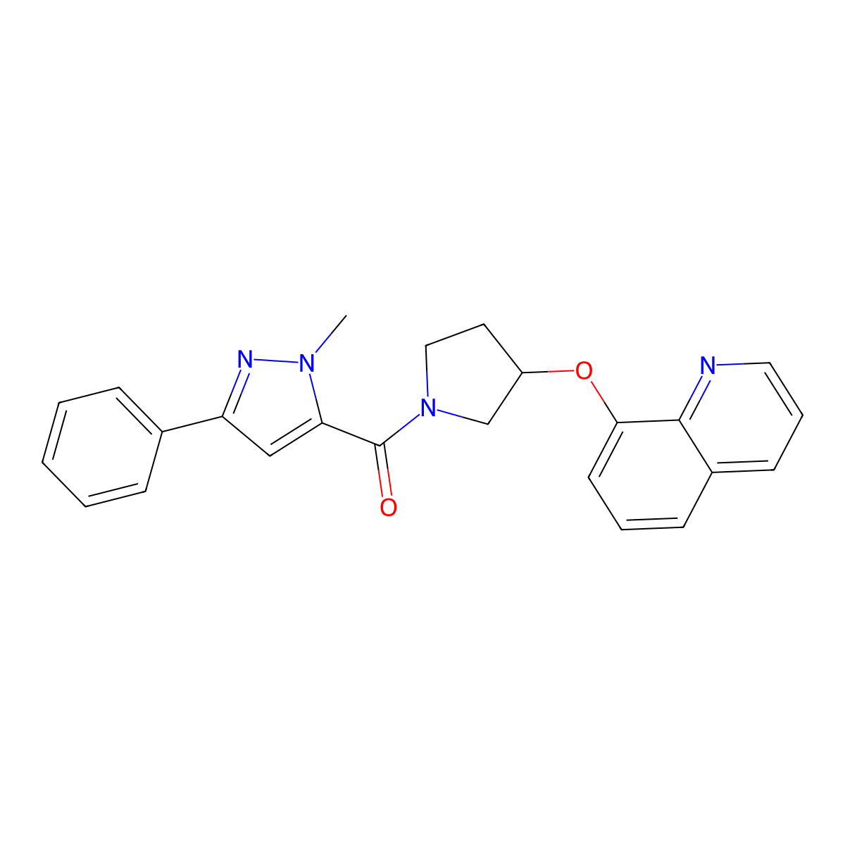 (1-methyl-3-phenyl-1H-pyrazol-5-yl)(3-(quinolin-8-yloxy)pyrrolidin-1-yl)methanone molecular structure, CAS 1903160-52-0
