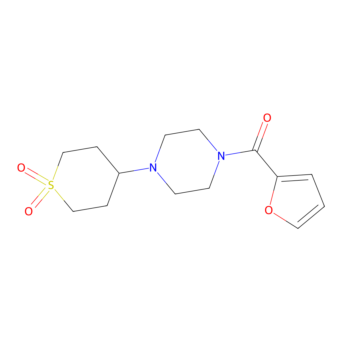 (4-(1,1-dioxidotetrahydro-2H-thiopyran-4-yl)piperazin-1-yl)(furan-2-yl)methanone molecular structure, CAS 1903165-27-4