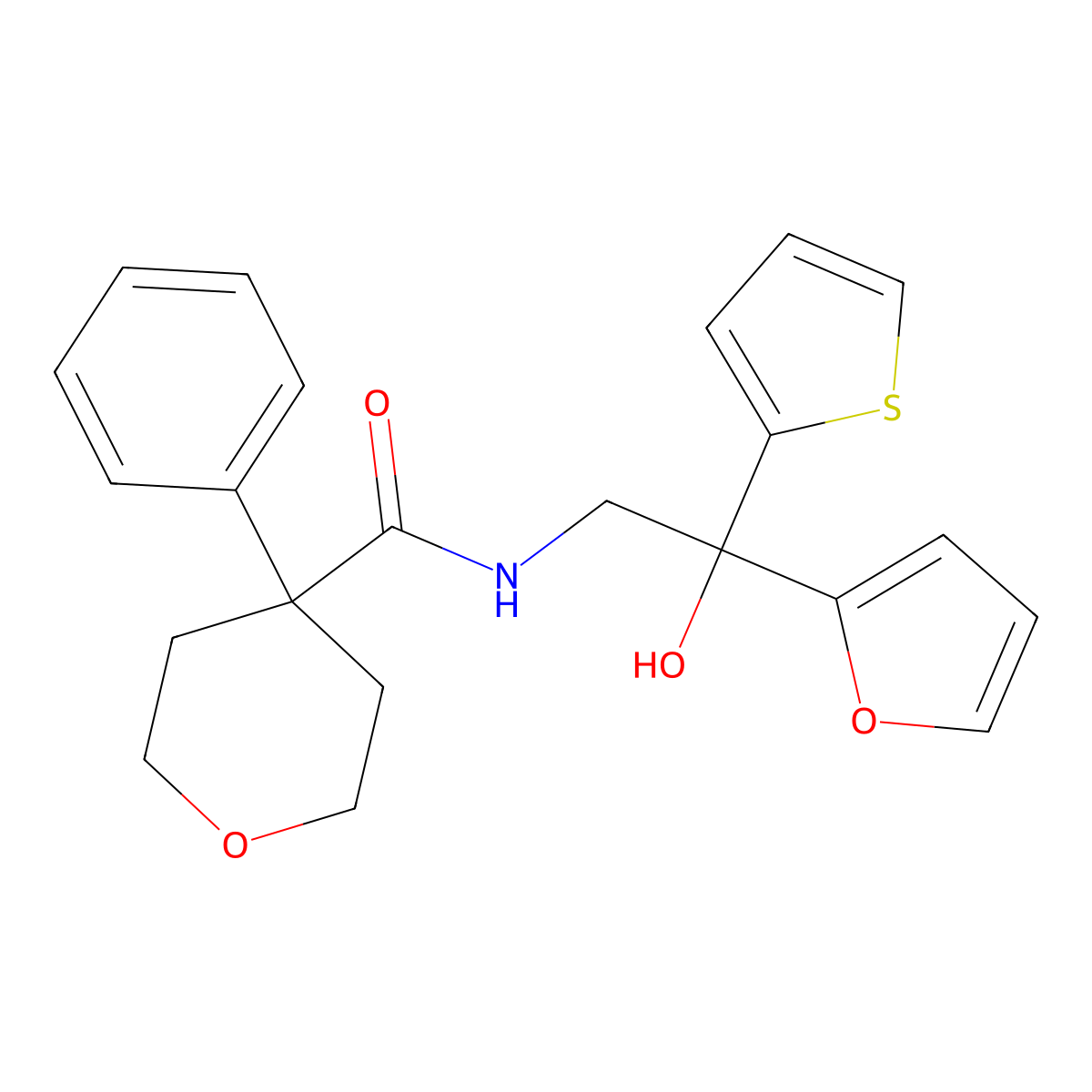 N-[2-(furan-2-yl)-2-hydroxy-2-(thiophen-2-yl)ethyl]-4-phenyloxane-4-carboxamide molecular structure, CAS 1903165-95-6
