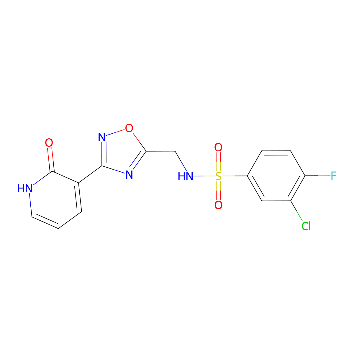 3-chloro-4-fluoro-N-((3-(2-oxo-1,2-dihydropyridin-3-yl)-1,2,4-oxadiazol-5-yl)methyl)benzenesulfonamide molecular structure, CAS 1903167-67-8
