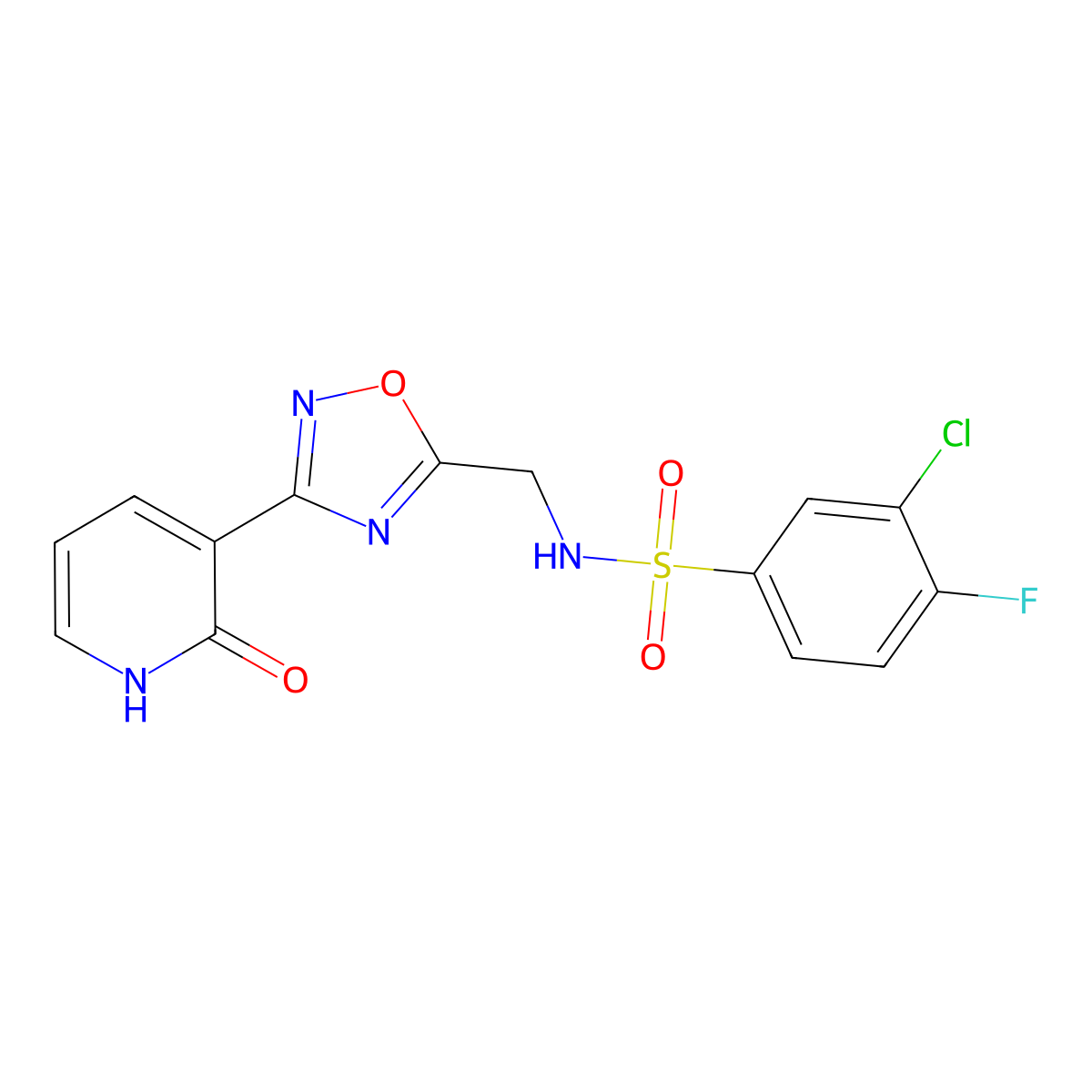 3-chloro-4-fluoro-N-((3-(2-oxo-1,2-dihydropyridin-3-yl)-1,2,4-oxadiazol-5-yl)methyl)benzenesulfonamide molecular structure, CAS 1903167-67-8