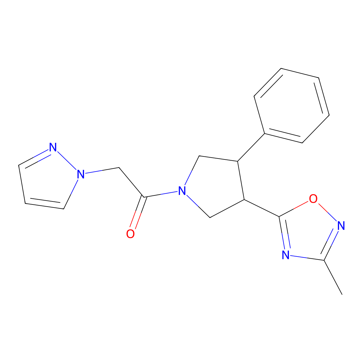 1-(3-(3-methyl-1,2,4-oxadiazol-5-yl)-4-phenylpyrrolidin-1-yl)-2-(1H-pyrazol-1-yl)ethanone molecular structure, CAS 1903170-17-1
