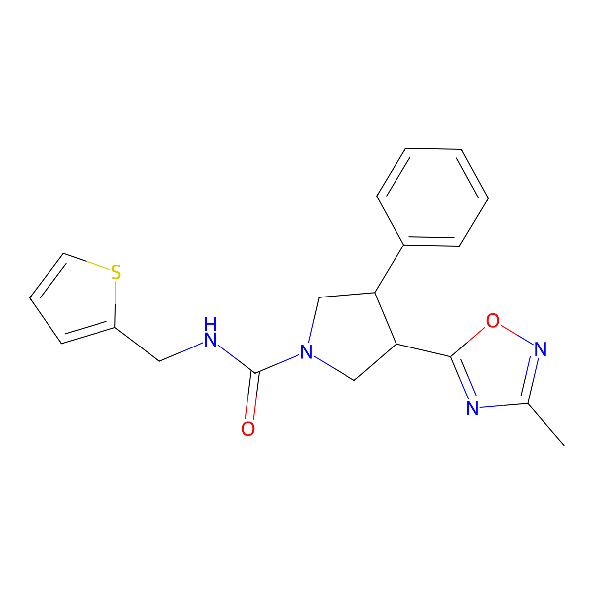 3-(3-methyl-1,2,4-oxadiazol-5-yl)-4-phenyl-N-(thiophen-2-ylmethyl)pyrrolidine-1-carboxamide molecular structure, CAS 1903170-53-5