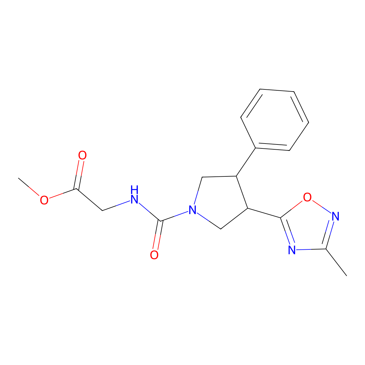 Methyl 2-(3-(3-methyl-1,2,4-oxadiazol-5-yl)-4-phenylpyrrolidine-1-carboxamido)acetate molecular structure, CAS 1903170-60-4