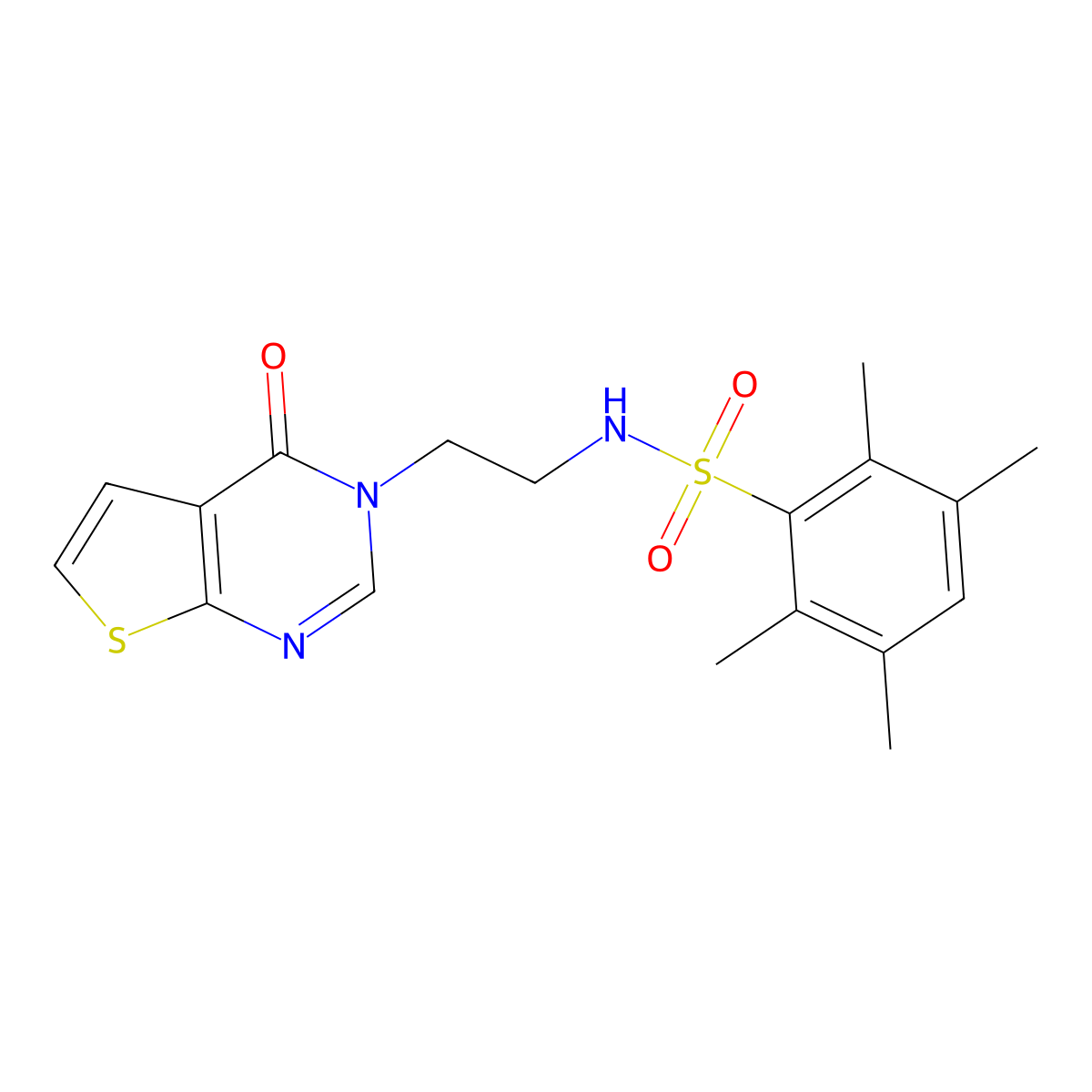 2,3,5,6-tetramethyl-N-(2-(4-oxothieno[2,3-d]pyrimidin-3(4H)-yl)ethyl)benzenesulfonamide molecular structure, CAS 1903171-63-0