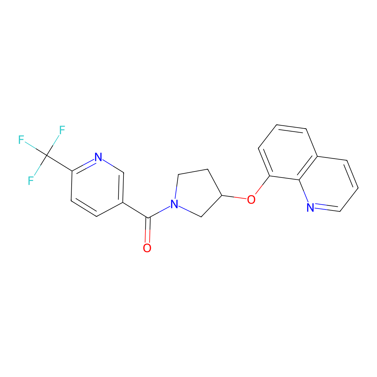 (3-(Quinolin-8-yloxy)pyrrolidin-1-yl)(6-(trifluoromethyl)pyridin-3-yl)methanone molecular structure, CAS 1903171-72-1