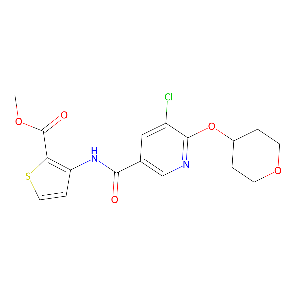 methyl 3-(5-chloro-6-((tetrahydro-2H-pyran-4-yl)oxy)nicotinamido)thiophene-2-carboxylate molecular structure, CAS 1903184-42-8