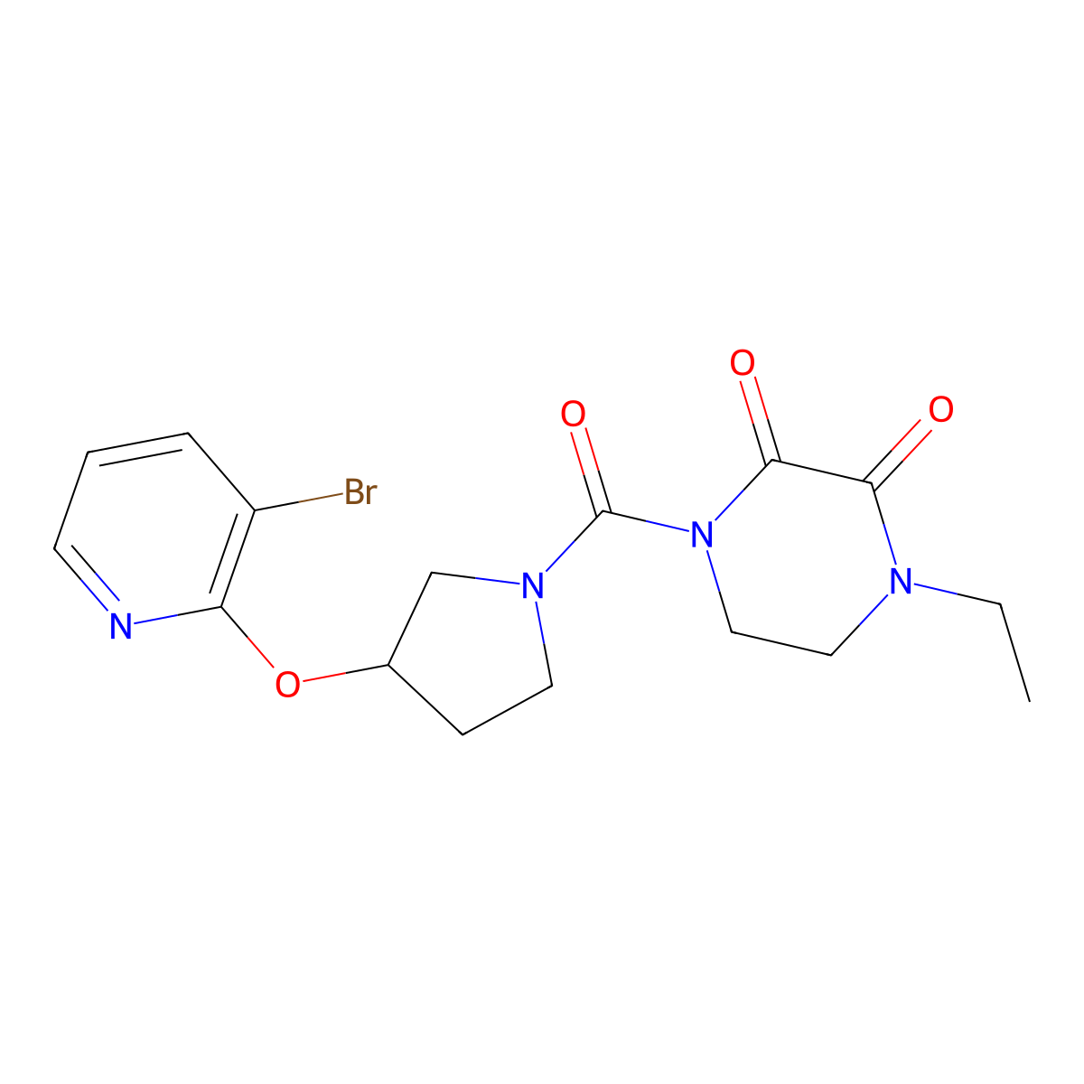 1-(3-((3-Bromopyridin-2-yl)oxy)pyrrolidine-1-carbonyl)-4-ethylpiperazine-2,3-dione molecular structure, CAS 1903195-22-1