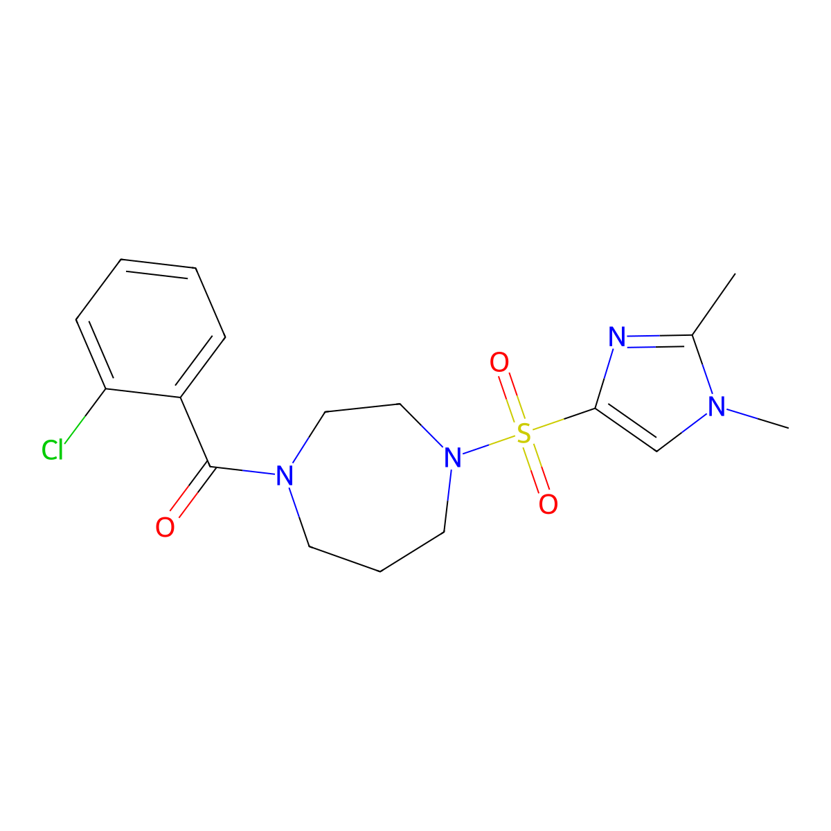 (2-chlorophenyl)(4-((1,2-dimethyl-1H-imidazol-4-yl)sulfonyl)-1,4-diazepan-1-yl)methanone molecular structure, CAS 1903205-06-0