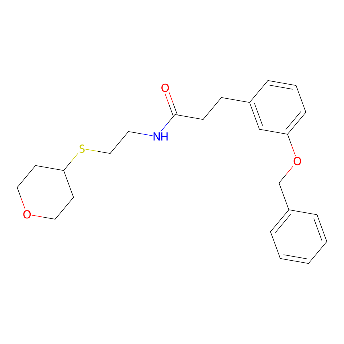 3-(3-(benzyloxy)phenyl)-N-(2-((tetrahydro-2H-pyran-4-yl)thio)ethyl)propanamide molecular structure, CAS 1903214-18-5