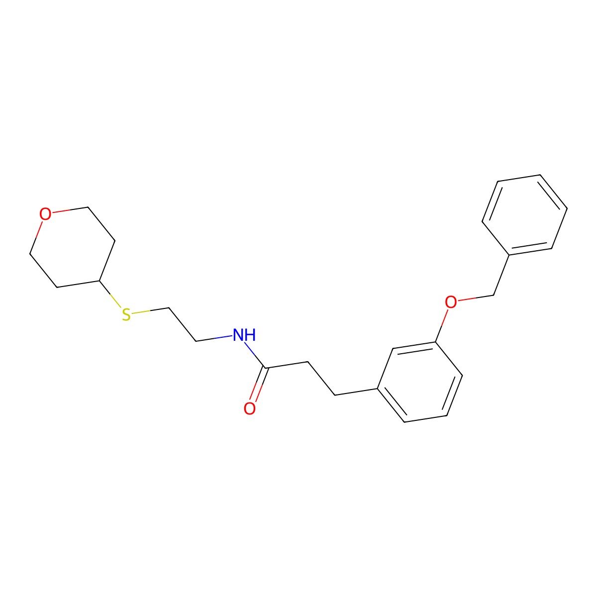 3-(3-(benzyloxy)phenyl)-N-(2-((tetrahydro-2H-pyran-4-yl)thio)ethyl)propanamide molecular structure, CAS 1903214-18-5