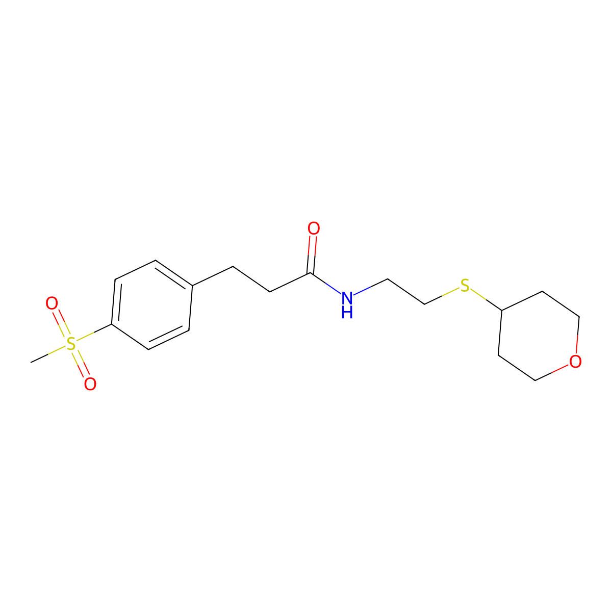 3-(4-(methylsulfonyl)phenyl)-N-(2-((tetrahydro-2H-pyran-4-yl)thio)ethyl)propanamide molecular structure, CAS 1903214-31-2