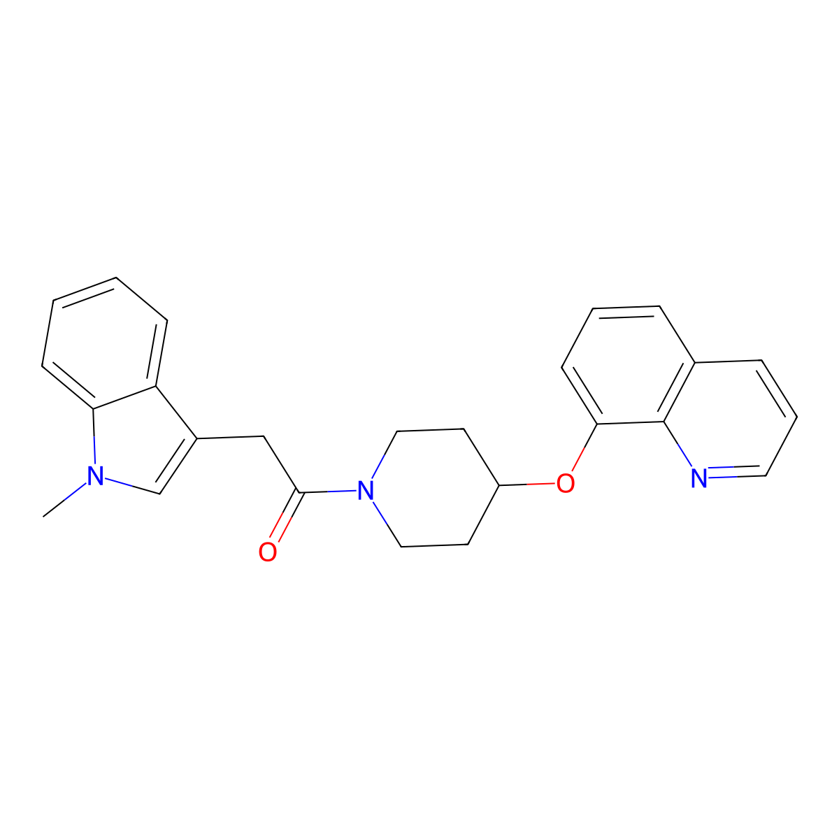2-(1-methyl-1H-indol-3-yl)-1-(4-(quinolin-8-yloxy)piperidin-1-yl)ethanone molecular structure, CAS 1903227-84-8