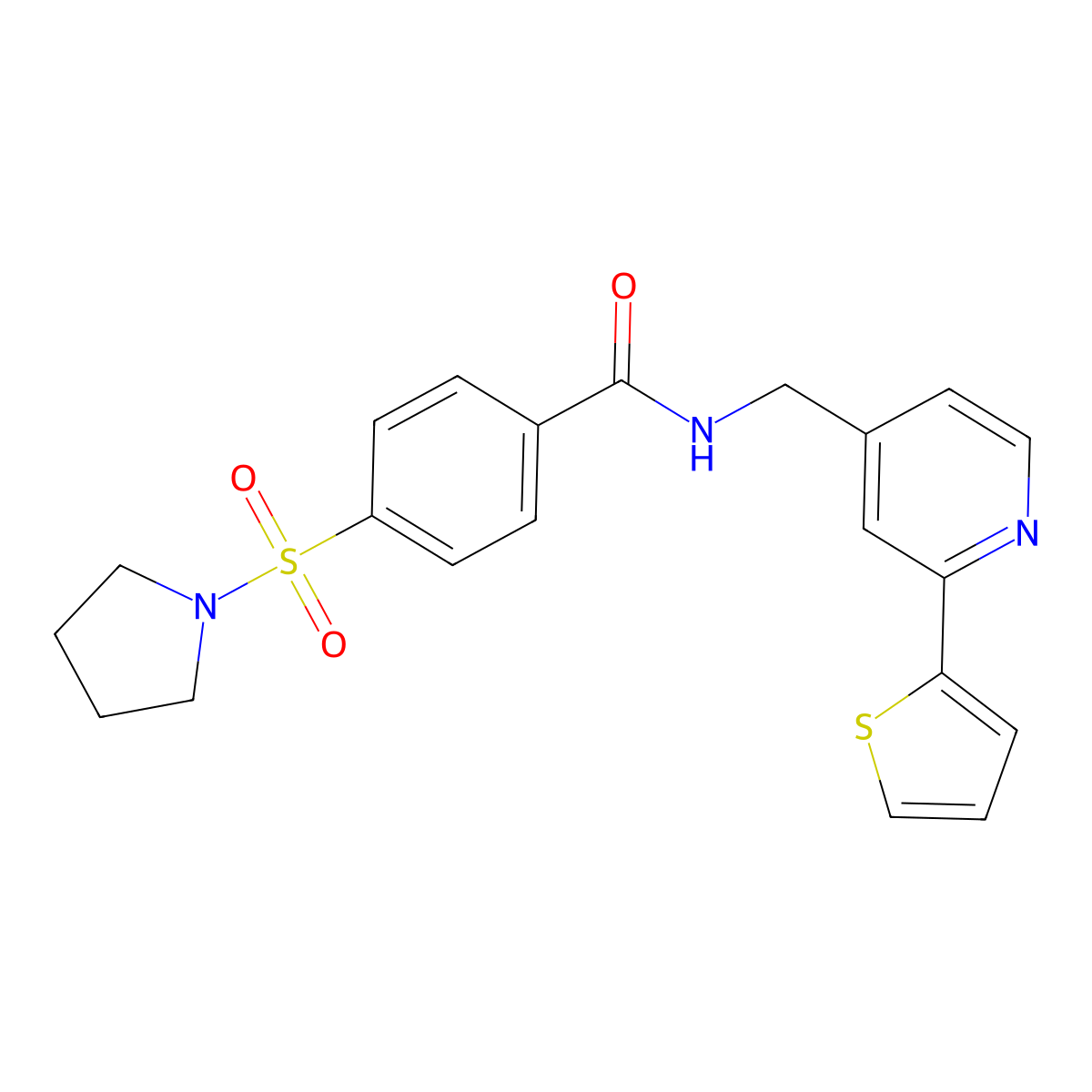 4-(pyrrolidin-1-ylsulfonyl)-N-((2-(thiophen-2-yl)pyridin-4-yl)methyl)benzamide molecular structure, CAS 1903230-46-5