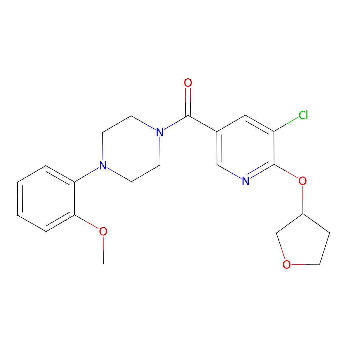 (5-Chloro-6-((tetrahydrofuran-3-yl)oxy)pyridin-3-yl)(4-(2-methoxyphenyl)piperazin-1-yl)methanone molecular structure, CAS 1903237-26-2