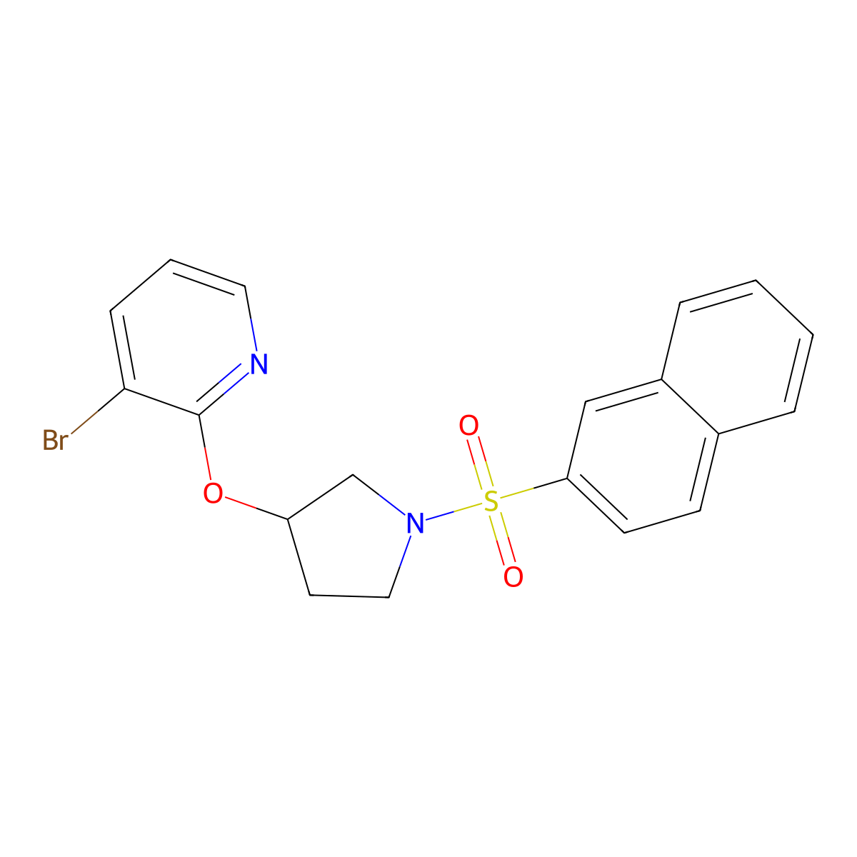 3-Bromo-2-((1-(naphthalen-2-ylsulfonyl)pyrrolidin-3-yl)oxy)pyridine molecular structure, CAS 1903242-13-6