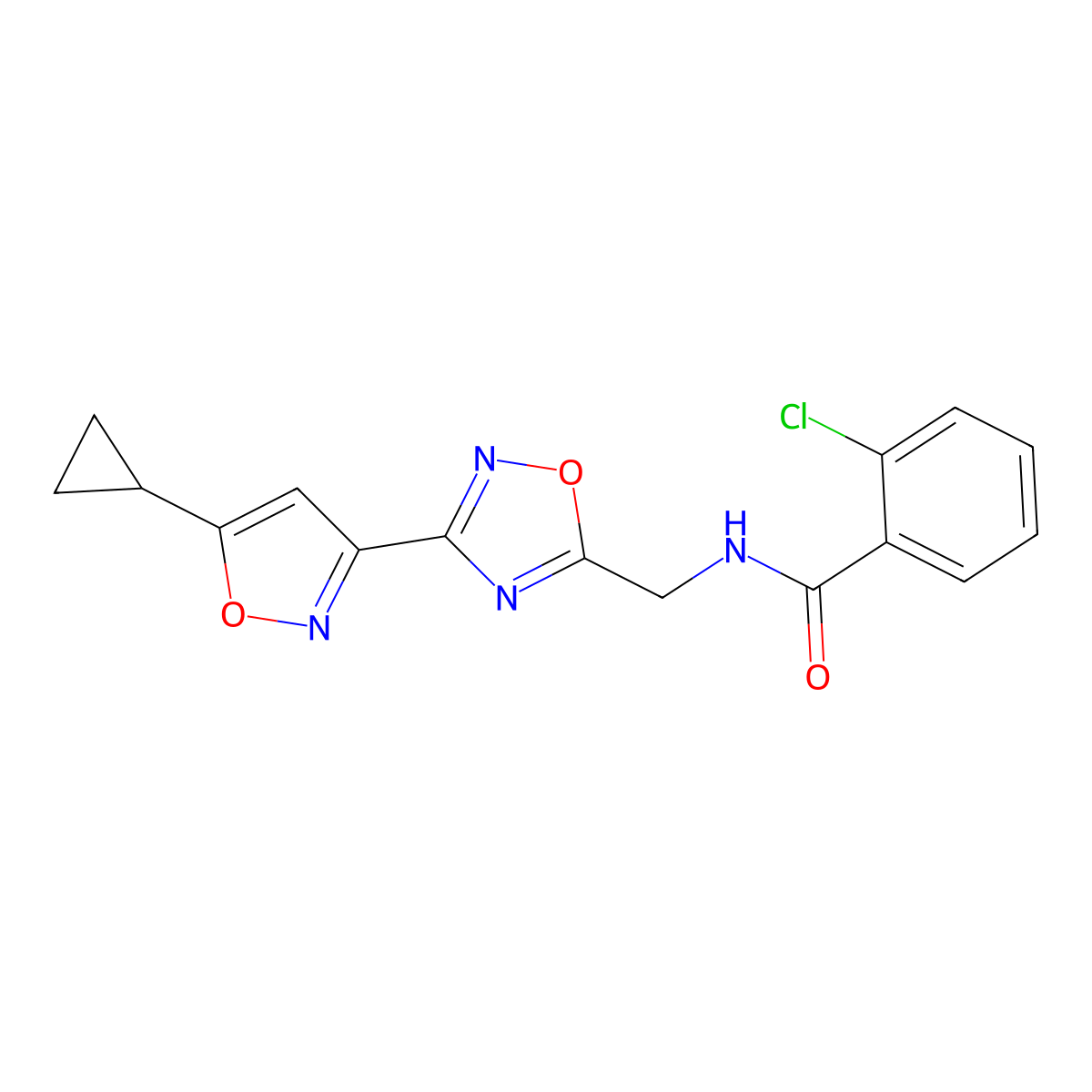 2-chloro-N-((3-(5-cyclopropylisoxazol-3-yl)-1,2,4-oxadiazol-5-yl)methyl)benzamide molecular structure, CAS 1903243-07-1