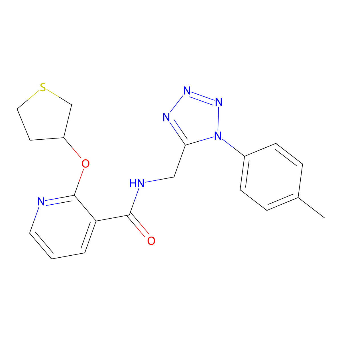 2-((tetrahydrothiophen-3-yl)oxy)-N-((1-(p-tolyl)-1H-tetrazol-5-yl)methyl)nicotinamide molecular structure, CAS 1903243-50-4