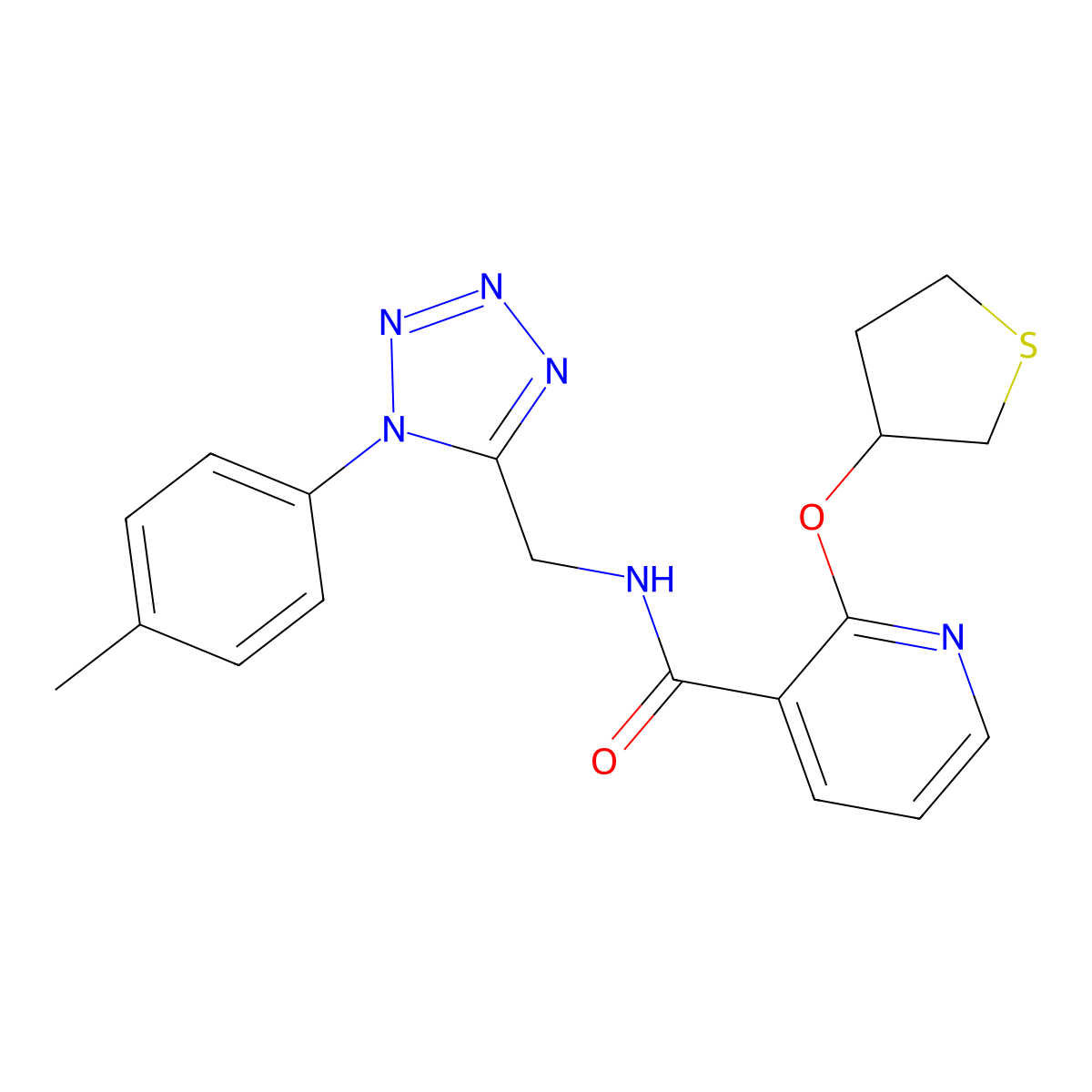 2-((tetrahydrothiophen-3-yl)oxy)-N-((1-(p-tolyl)-1H-tetrazol-5-yl)methyl)nicotinamide molecular structure, CAS 1903243-50-4