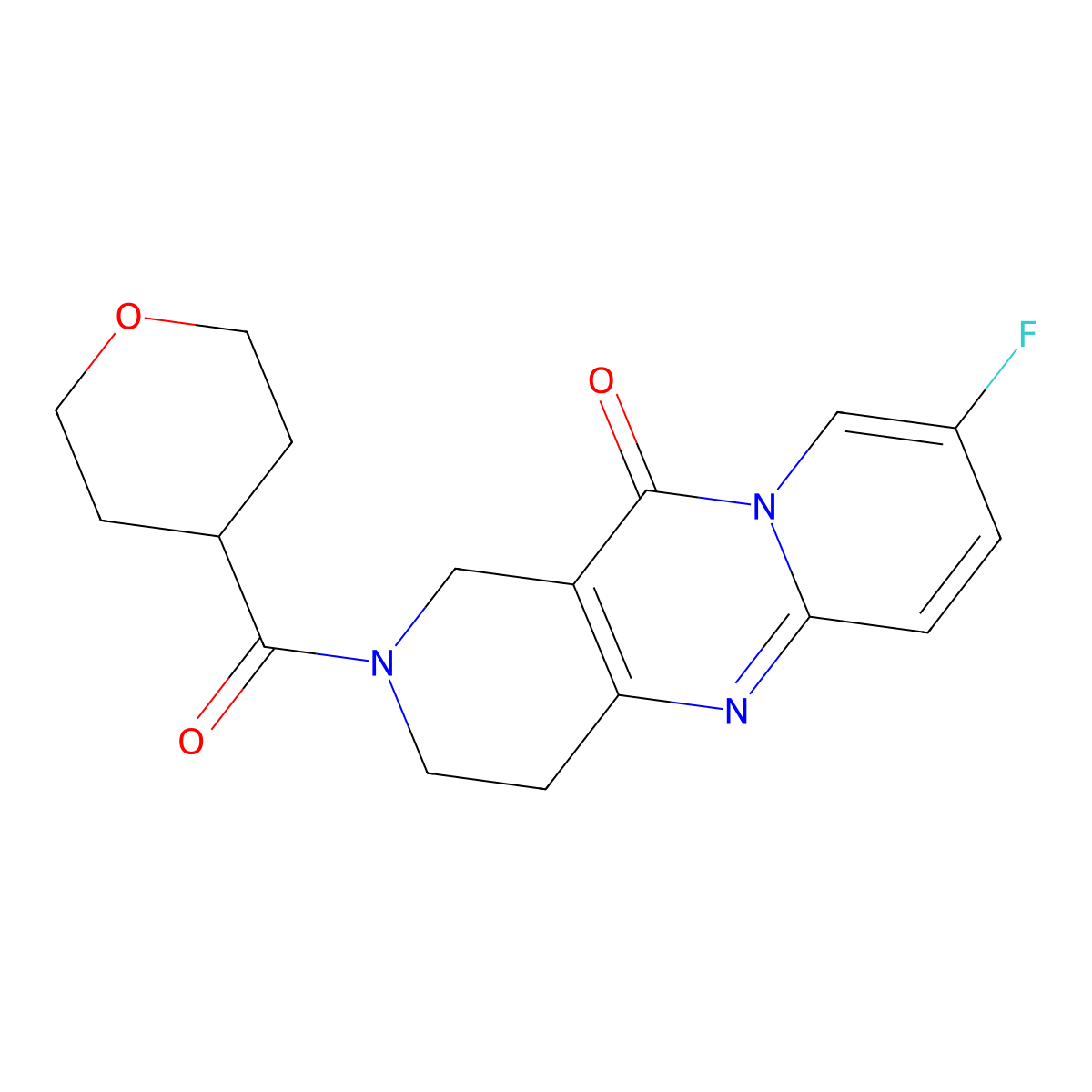 8-fluoro-2-(tetrahydro-2H-pyran-4-carbonyl)-3,4-dihydro-1H-dipyrido[1,2-a:4',3'-d]pyrimidin-11(2H)-one molecular structure, CAS 1903245-91-9