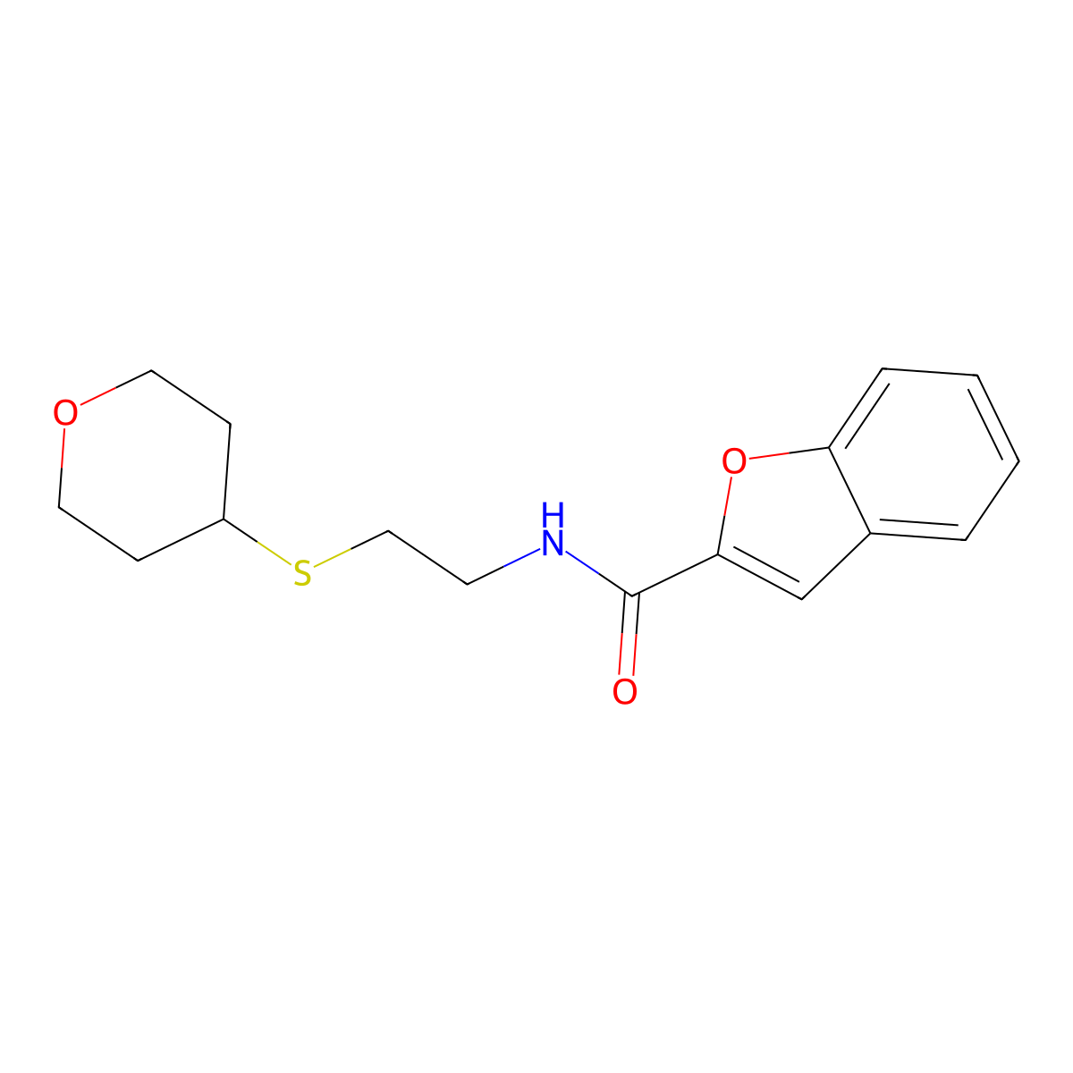 N-(2-((tetrahydro-2H-pyran-4-yl)thio)ethyl)benzofuran-2-carboxamide molecular structure, CAS 1903250-45-2