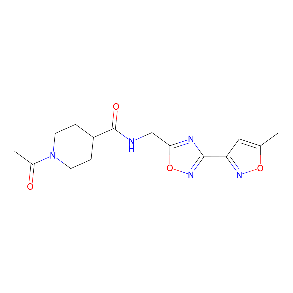 1-acetyl-N-((3-(5-methylisoxazol-3-yl)-1,2,4-oxadiazol-5-yl)methyl)piperidine-4-carboxamide molecular structure, CAS 1903250-47-4