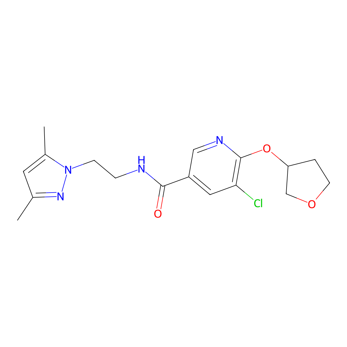 5-chloro-N-(2-(3,5-dimethyl-1H-pyrazol-1-yl)ethyl)-6-((tetrahydrofuran-3-yl)oxy)nicotinamide molecular structure, CAS 1903267-38-8