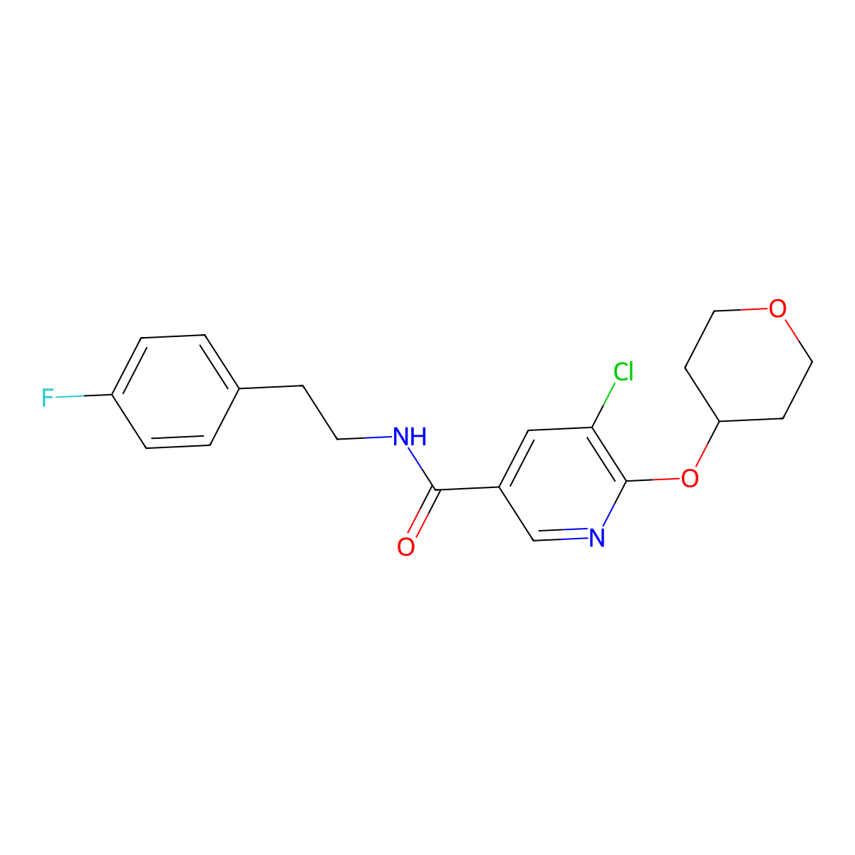 5-chloro-N-(4-fluorophenethyl)-6-((tetrahydro-2H-pyran-4-yl)oxy)nicotinamide molecular structure, CAS 1903274-63-4