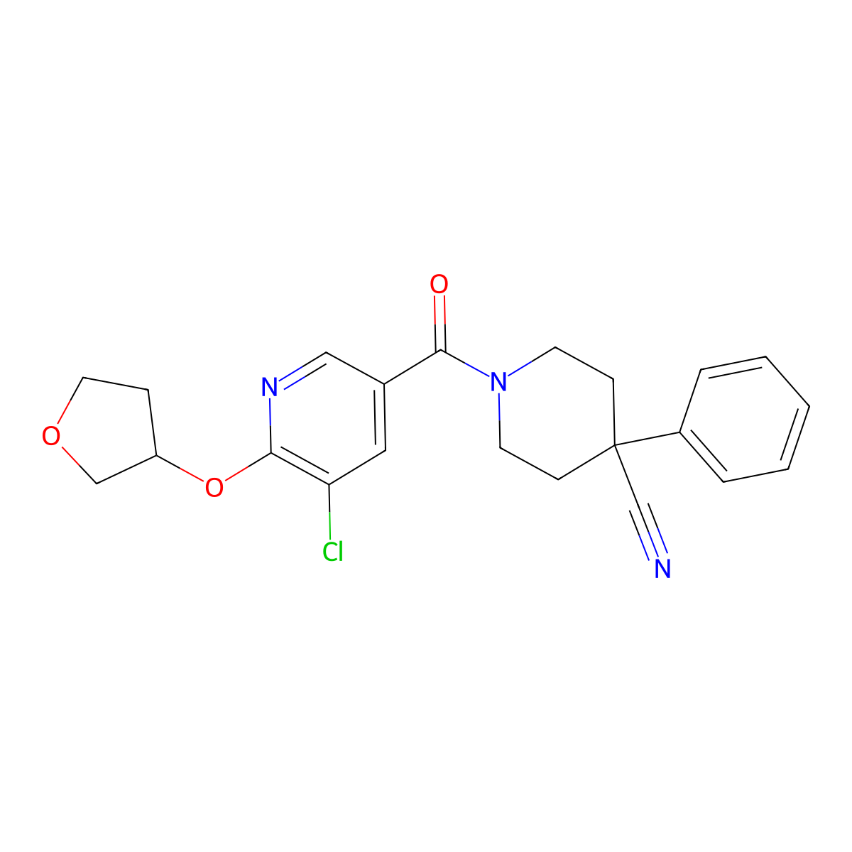 1-(5-Chloro-6-((tetrahydrofuran-3-yl)oxy)nicotinoyl)-4-phenylpiperidine-4-carbonitrile molecular structure, CAS 1903278-38-5