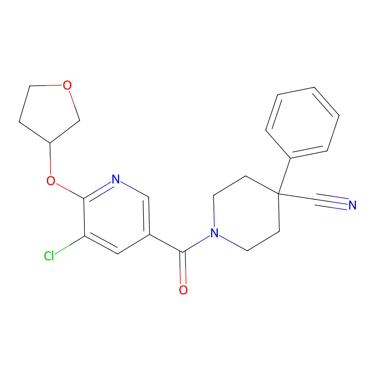 1-(5-Chloro-6-((tetrahydrofuran-3-yl)oxy)nicotinoyl)-4-phenylpiperidine-4-carbonitrile molecular structure, CAS 1903278-38-5