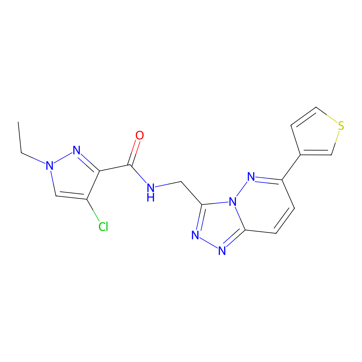 4-chloro-1-ethyl-N-((6-(thiophen-3-yl)-[1,2,4]triazolo[4,3-b]pyridazin-3-yl)methyl)-1H-pyrazole-3-carboxamide molecular structure, CAS 1903278-87-4