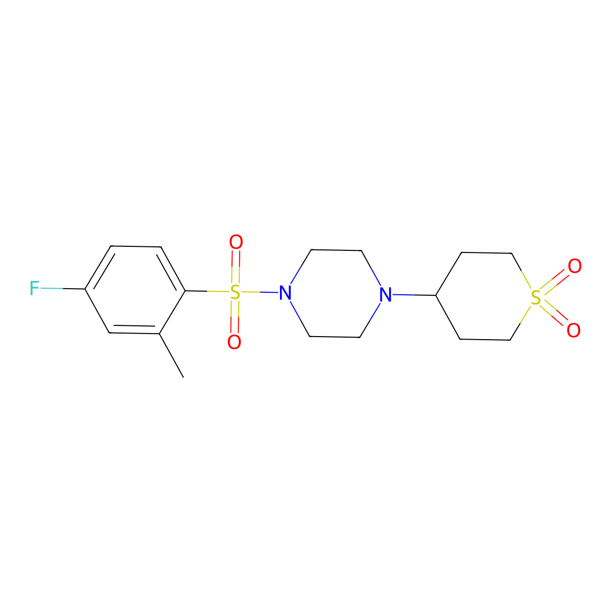 4-(4-((4-fluoro-2-methylphenyl)sulfonyl)piperazin-1-yl)tetrahydro-2H-thiopyran 1,1-dioxide molecular structure, CAS 1903286-14-5