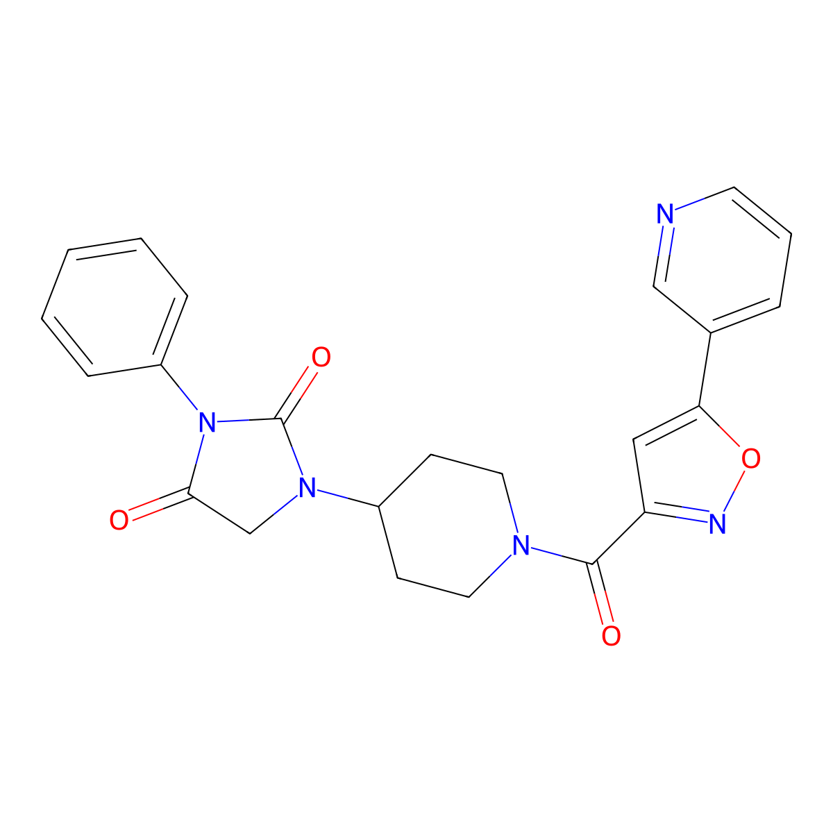 3-Phenyl-1-(1-(5-(pyridin-3-yl)isoxazole-3-carbonyl)piperidin-4-yl)imidazolidine-2,4-dione molecular structure, CAS 1903288-70-9