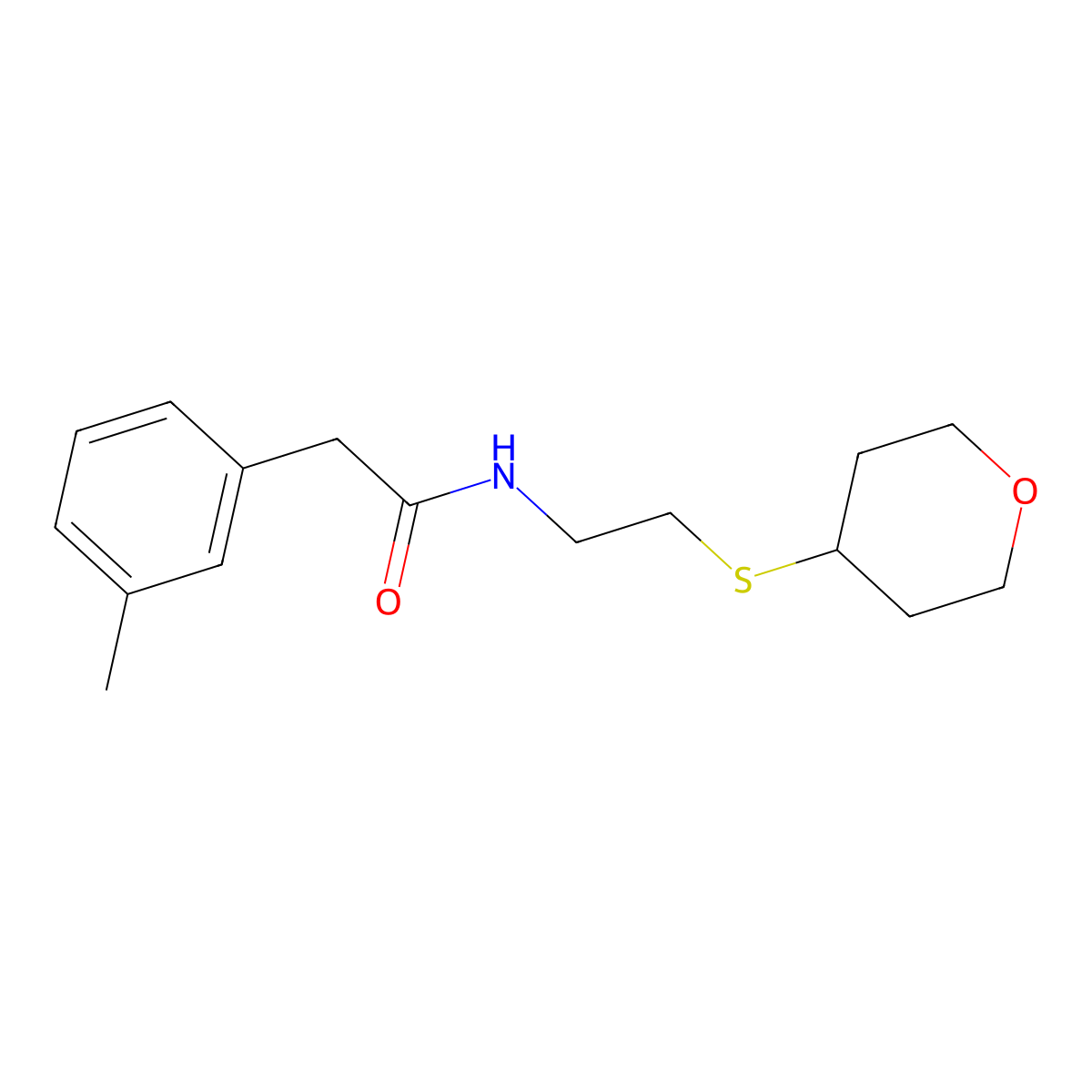 2-(3-methylphenyl)-N-[2-(oxan-4-ylsulfanyl)ethyl]acetamide molecular structure, CAS 1903293-09-3
