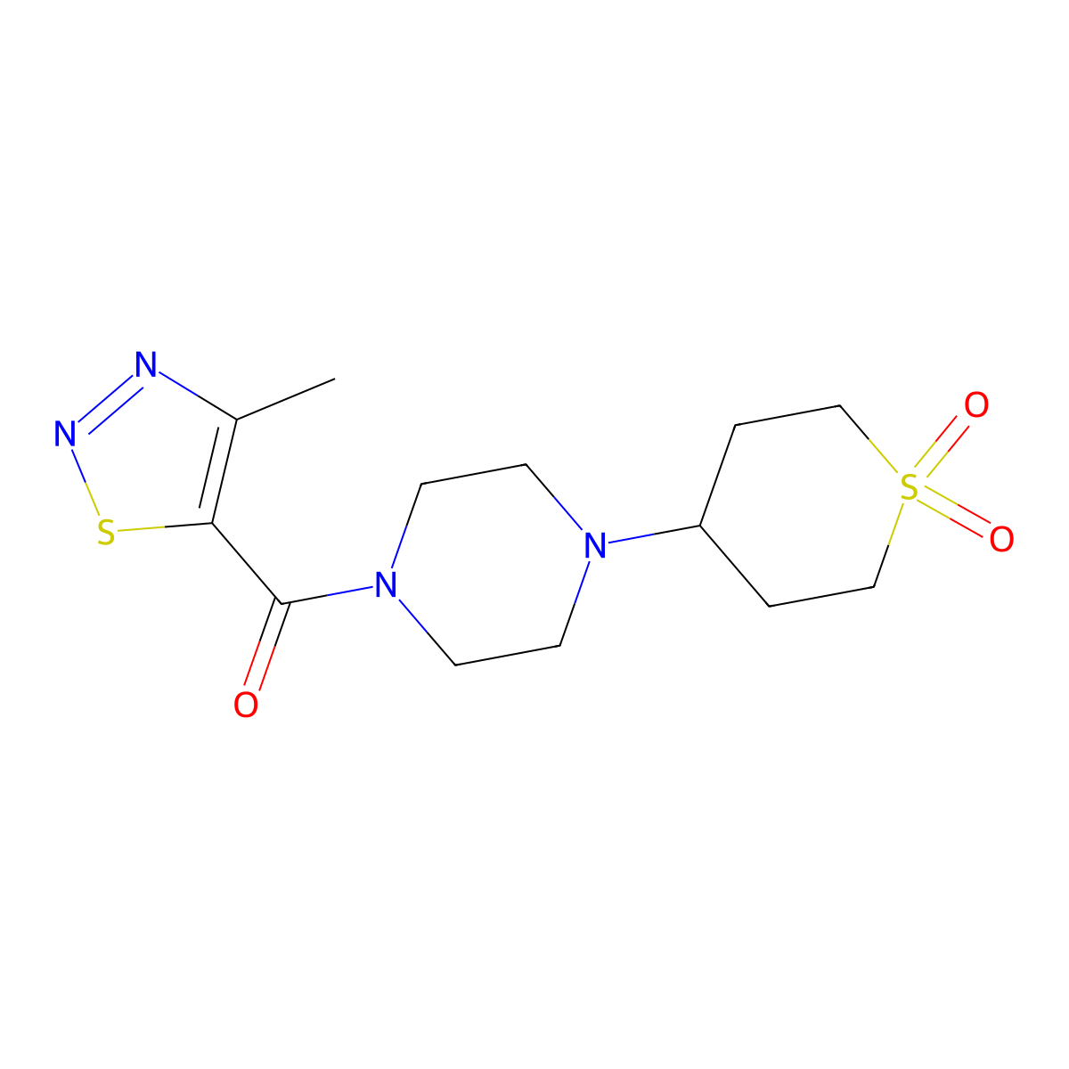 (4-(1,1-dioxidotetrahydro-2H-thiopyran-4-yl)piperazin-1-yl)(4-methyl-1,2,3-thiadiazol-5-yl)methanone molecular structure, CAS 1903304-15-3